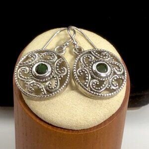 Sterling Silver Round Shaped Dangle Earrings Green Stone 8 Grams 1.25”